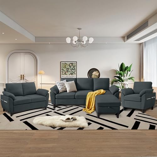 4 Piece Convertible Sectional Sofa Set, Modern Linen Small L Shaped Couch by Chireca