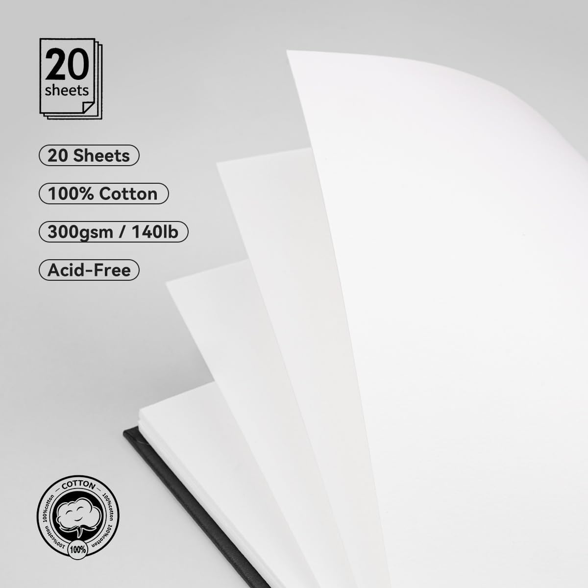 Lightwish Square Watercolor Journal,100% Cotton,300gsm/140lb,Acid-Free,20 Sheets Cold Press Watecolor Paper Sketchbook for Artists Adults Students,7.68 * 7.68 Inches