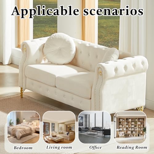 61" Beige Velvet Chesterfield Loveseat Sofa - Image 7