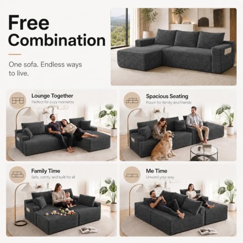 96 inch Boneless Couch, Modular L-Shaped Cloud Sectional Sofa, Dark Grey - Image 5