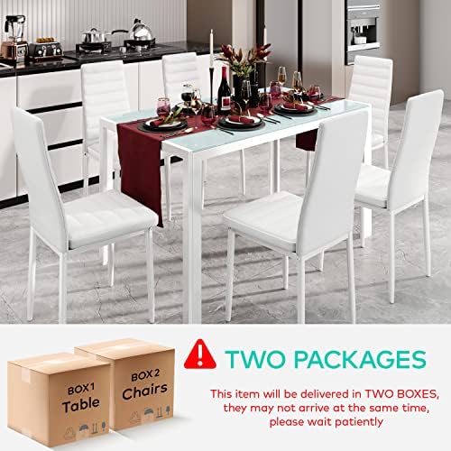 Gizoon White 7 Piece Glass Dining Table Set, Kitchen Table and Chairs Set - Image 3