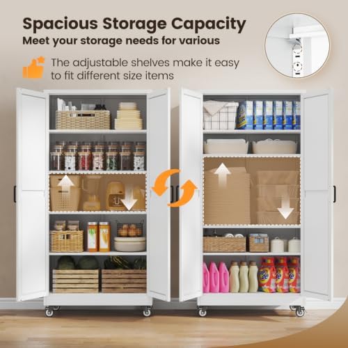 Yizosh 72"White Metal Office Storage Cabinet, Wheeled Garage Storage Cabinet - Image 6