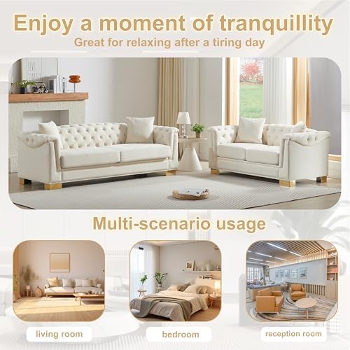 2 Pieces Chesterfield 84" 3-Seater + 62" Loveseat Beige Velvet Sofa Sets - Image 5