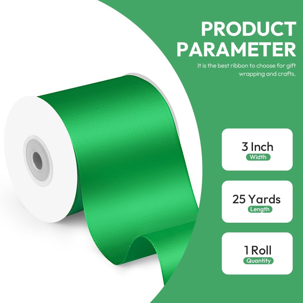 3" x 25 Yards Satin Ribbon, Green Silk Ribbon Ideal for Gift Wrapping, Floral Bouquets, Crafts, Wedding Party Decorations, Christmas and Sewing Projects