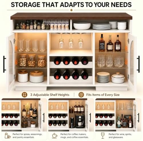 54" Coffee Bar Cabinet with Storage, LED Lights and Arched Glass Doors - Image 4
