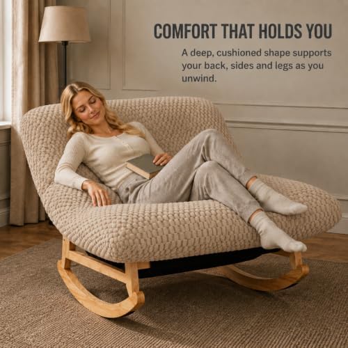 Oversized Rocking Chair, Extra Wide Plush Lounge Chair, Light Khaki - Image 6