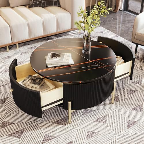 31.5" Coffee Table with 2 Storage Drawers, Round Side Table, Circle Accent - Image 4