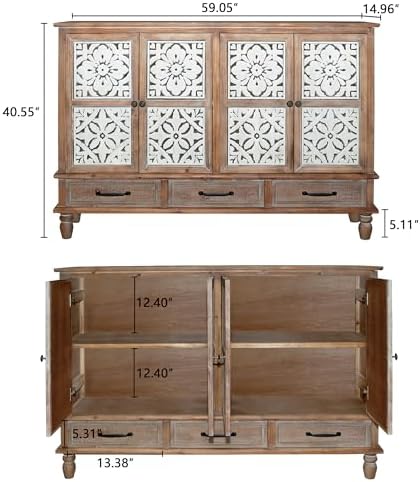 LKTART 59" Solid Wood Sideboard Buffet Carved Storage Cabinet - Image 2