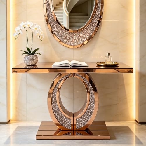 Mirrored Console Table with Crushed Diamond Inlay, 39.3" Oval-Shaped - Image 3