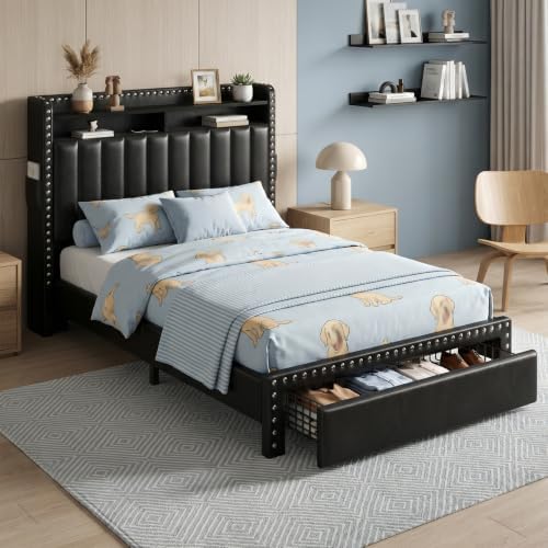 EnHomee Twin Bed Frame with 2 Drawers & 2-Tier Storage Headboard by EnHomee
