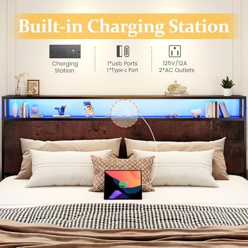 Lifezone King Bed Frame with 2-Tier Storage Headboard, Metal Platform Bed Frame - Image 5