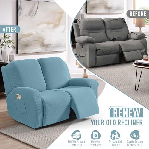 TAOCOCO Stretch Loveseat Recliner Covers 6 Piece, Dusty Blue - Image 4