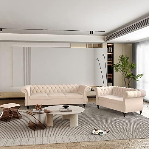 ORRD 2 Piece Living Room Set, Velvet Chesterfield Sofa Loveseat Couch by ORRD
