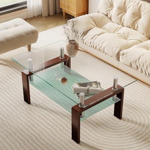 IANIYA Black Walnut Rectangle Tempered Glass Coffee Table Metal Tube Legs End - Image 3