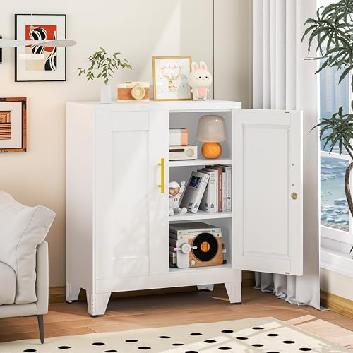 Small Storage Cabinet, 2-Door Short Locker Cabinets Adjustable Shelf - Image 3