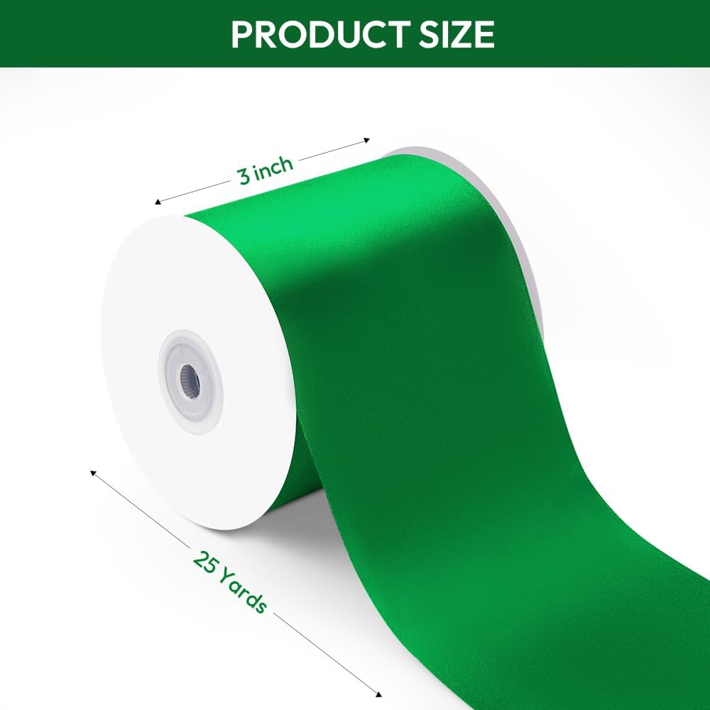 3" Width x 25 Yards Satin Fabric Ribbon, Green Ribbon Perfect for Wedding Car, Chair Sash, Grand Opening Ceremony, Big Bows, Embroidery, Floral Crafts, Party Decoration