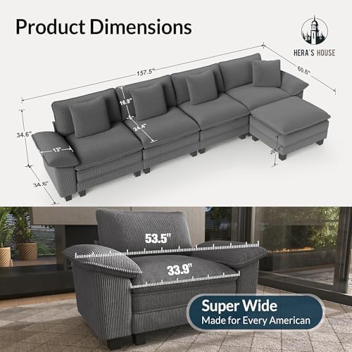 HERA'S HOUSE 158" Oversized Modular Sectional L Shaped Sofa, Corduroy Grey - Image 2