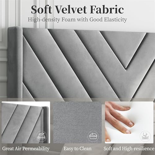 Yaheetech Queen Bed Frame with Chevron Channel-Tufted Headboard, Light Grey - Image 4