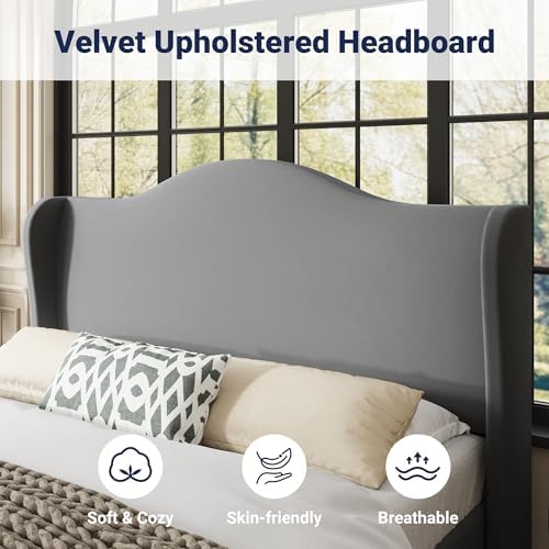 Allewie Queen Size Bed Frame, Plush Velvet Wingback, Modern Style - Image 4