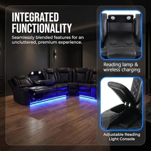 Power Reclining Leather Sectional Sofa Set, 6-Seater Black Sectional Couches - Image 3