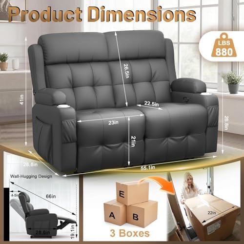 Reclining Loveseat Sofa, RV Loveseats Recliner Sofas Wall Hugger, Double - Image 2