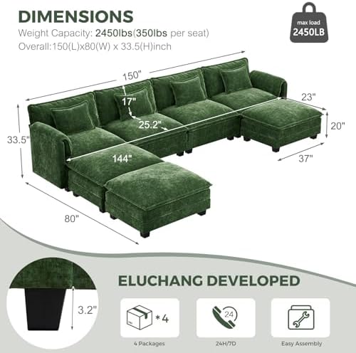 ELUCHANG 153" Oversized Modular Sectional Sofa, Comfy Chenille Cloud Couch - Image 2
