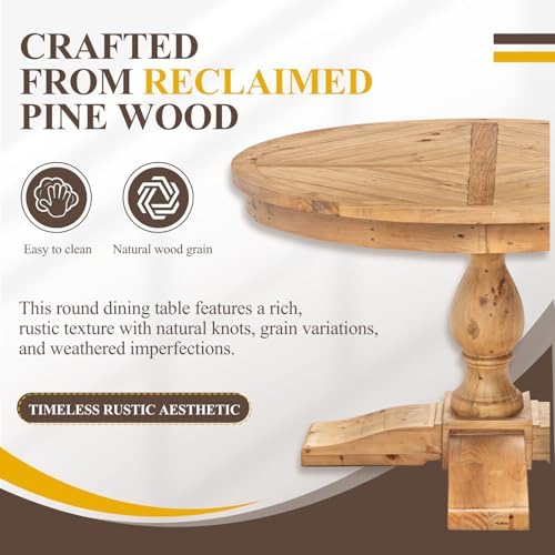 47" Round Dining Table with Wooden Pedestal Base, Reclaimed Pine Wood Dinner - Image 4