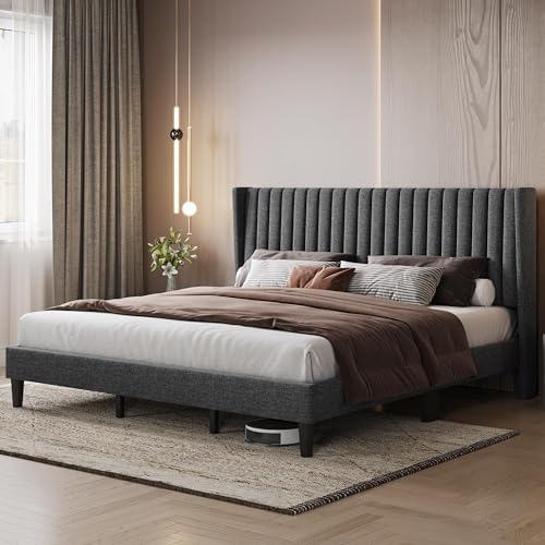 Yaheetech King Bed Frame with Headboard, Dark Gray Channel-Tufted Platform - Image 3
