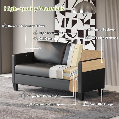 59” Black Faux Leather Loveseat, 2 Seater Couch - Image 3