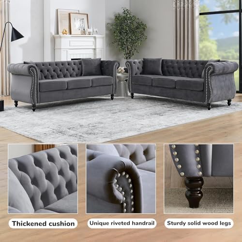 80" 2 Piece 3-Seater Velvet Chesterfield Sofa - Image 3
