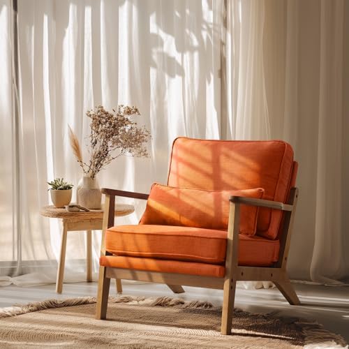 VINGLI Solid Wood Wide Armrests Accent Chair, Upholstered Mid Century Modern by VINGLI