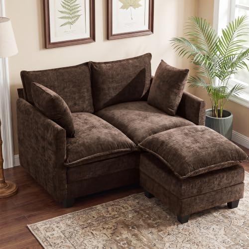 50" Love Seat with Ottoman, Small L Shape Cloud Sofa Couch, 2-Layer Cushion & by KYJ