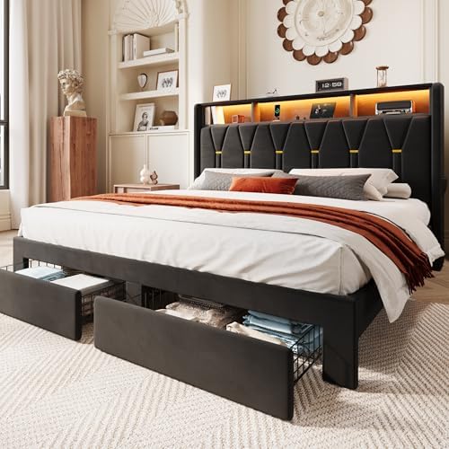 SHA CERLIN King Bed Frame, 2 Storage Drawers & 2-Tier Storage Headboard by SHACERLIN