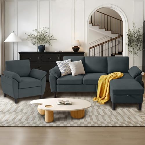 3 Piece Convertible Sectional Sofa Set, Modern Linen Small L Shaped Couch by Chireca