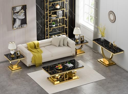 Henf 4 Piece Modern Living Room Table Set, Luxury Stainless Steel Base - Image 2