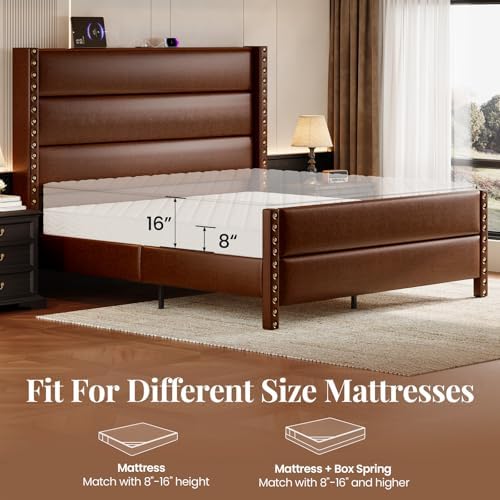 Queen Size 55" Tall Faux Leather Platform Bed Frame - Image 5