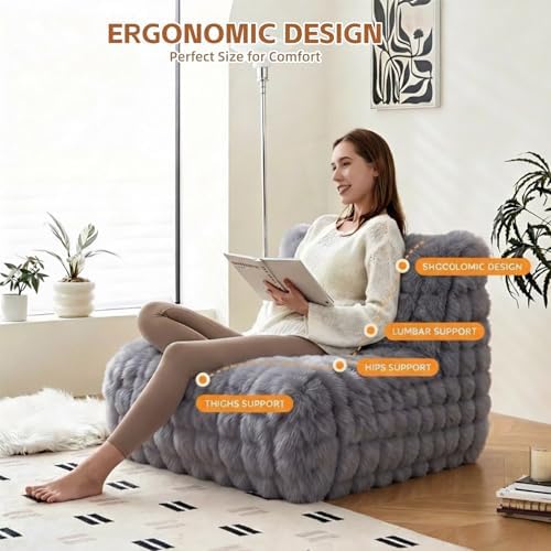 Memory Foam Faux Fur Bean Bag Chair, Light Grey - Image 4
