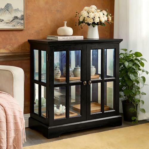 Small Curio Cabinet with Glass Doors and LED Lights, 30.32” W Black Wood by Unknown