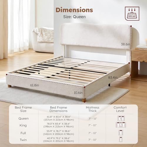 Queen Cloud Bed Frame, Wood Boucle Upholstered Platform Bed, Cream White - Image 2