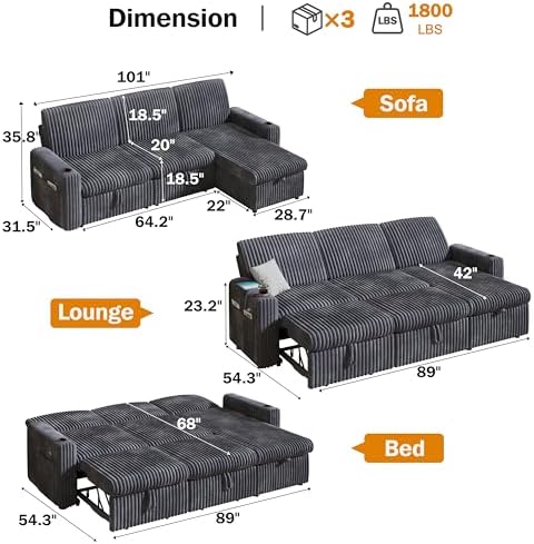 Sunny Heart 101" Plush Corduroy L Shaped Sectional Sleeper Sofa Bed - Image 2