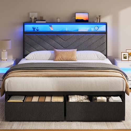 Fluest Full Bed Frame with 2 Drawers, Upholstered Headboard with Storage and - Image 6