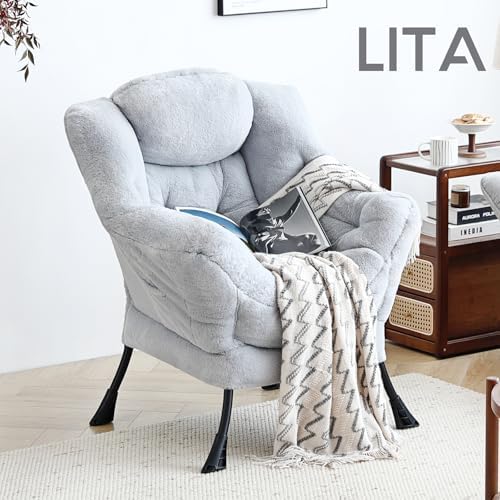 LITA Lazy Chair, Comfy Accent Reading Chair, Plush Grey - Image 6