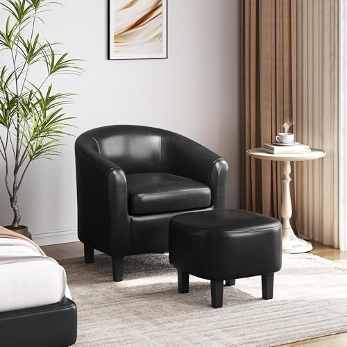 Yaheetech Accent Chairs with Ottoman, Faux Leather Barrel Chairs - Image 4