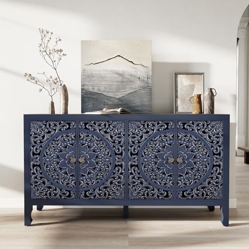 Buffet Cabinet with Storage, Accent Cabinet with 4 Carved Doors, Solid Wood - Image 7