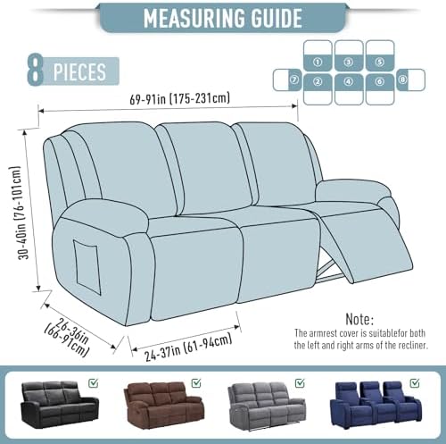 TAOCOCO Stretch Recliner Sofa Covers 8 Piece, Dusty Blue - Image 5