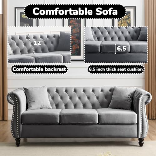 2 Piece Modern Grey Velvet 80" 3-Seater Sofa Sets, Upholstered Tufted Backrests - Image 5