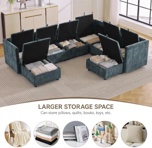 105" Blue Modular Storage Sofa, U Shaped Chenille Couch - Image 3