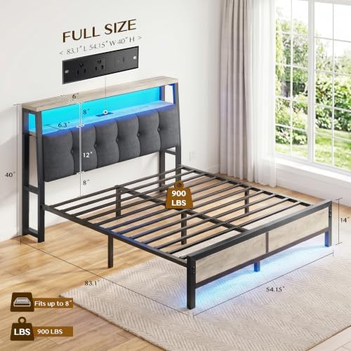 Homkdom Full Bed Frame with Upholstered Headboard & Charging Station - Image 2