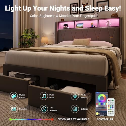 Allewie Full Bed Frame with 2-Tier Storage Headboard, Charging Station & LED - Image 4