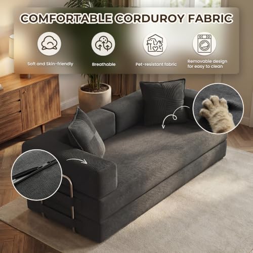 GRUSIGN 78" 5-in-1 Convertible Futon Sofa Bed, Boneless Corduroy - Image 5